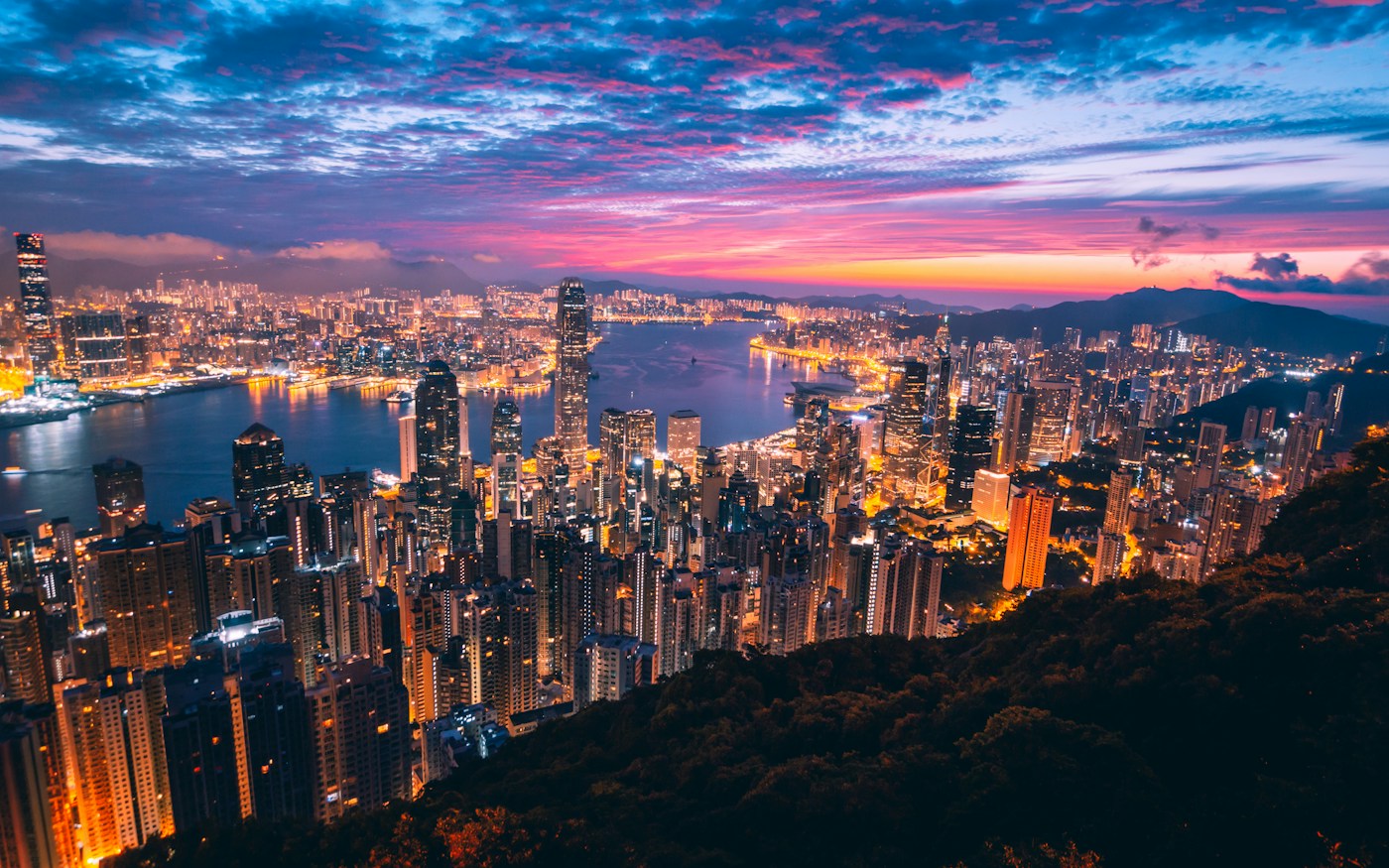 Hong Kong skyline and Victoria Harbour at sunset